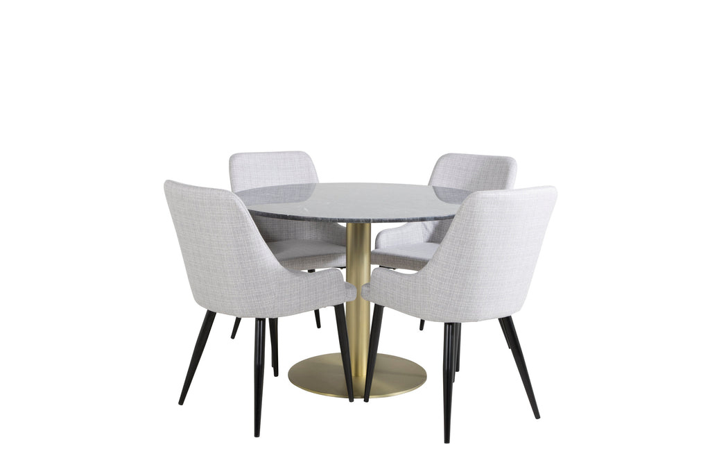 Estelle runt matbord svart Ø106 H75 med 4 Plaza Dining chair ljusgrå tyg