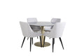 Estelle runt matbord svart Ø106 H75 med 4 Plaza Dining chair ljusgrå tyg
