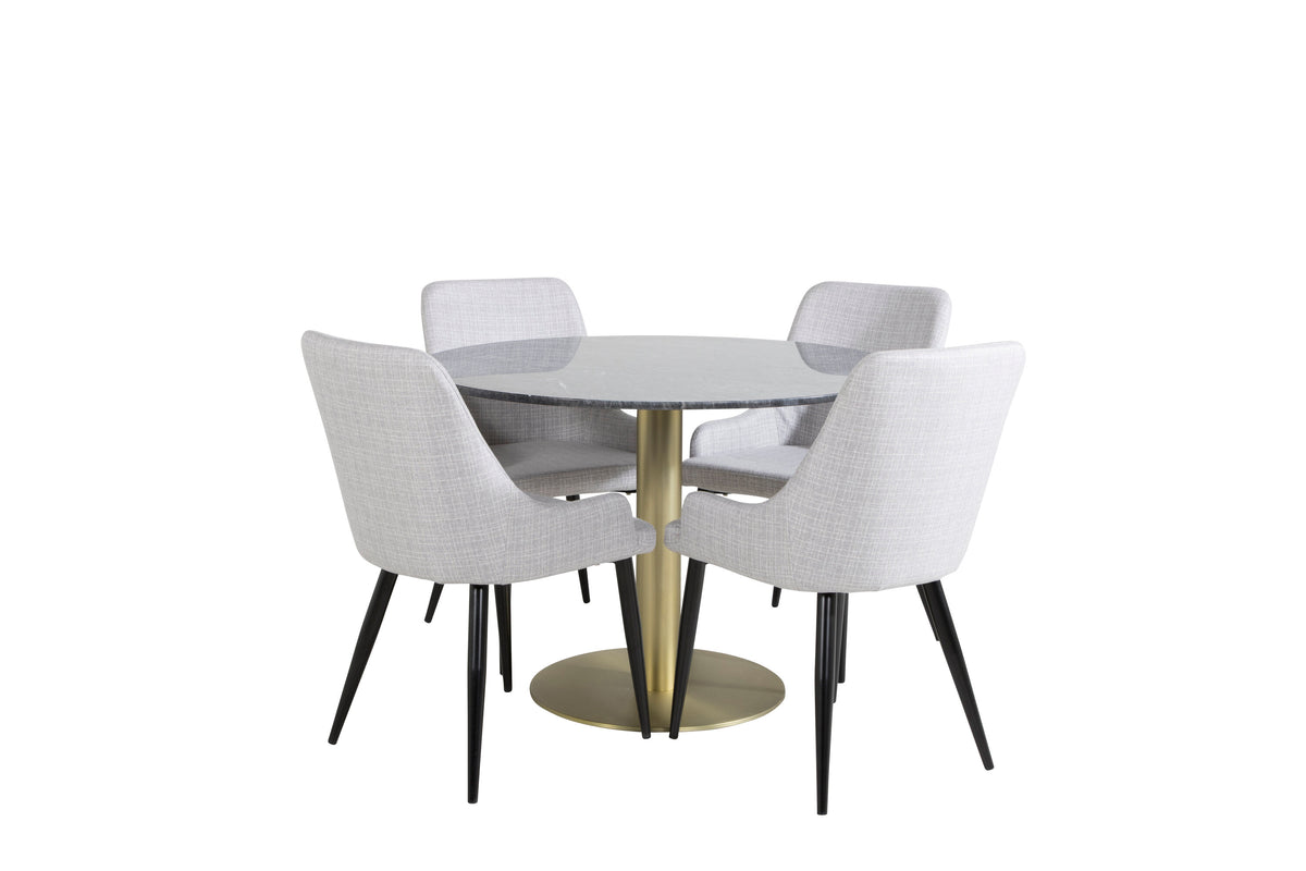 Estelle runt matbord svart Ø106 H75 med 4 Plaza Dining chair ljusgrå tyg