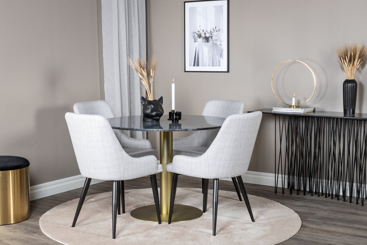 Estelle runt matbord svart Ø106 H75 med 4 Plaza Dining chair ljusgrå tyg