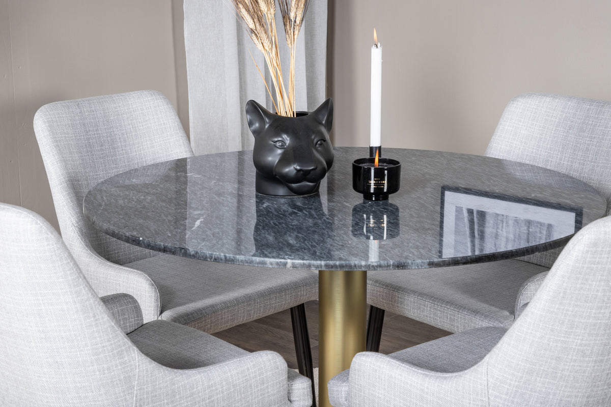 Estelle runt matbord svart Ø106 H75 med 4 Plaza Dining chair ljusgrå tyg