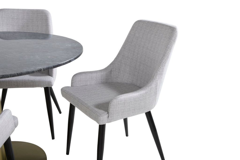 Estelle runt matbord svart Ø106 H75 med 4 Plaza Dining chair ljusgrå tyg