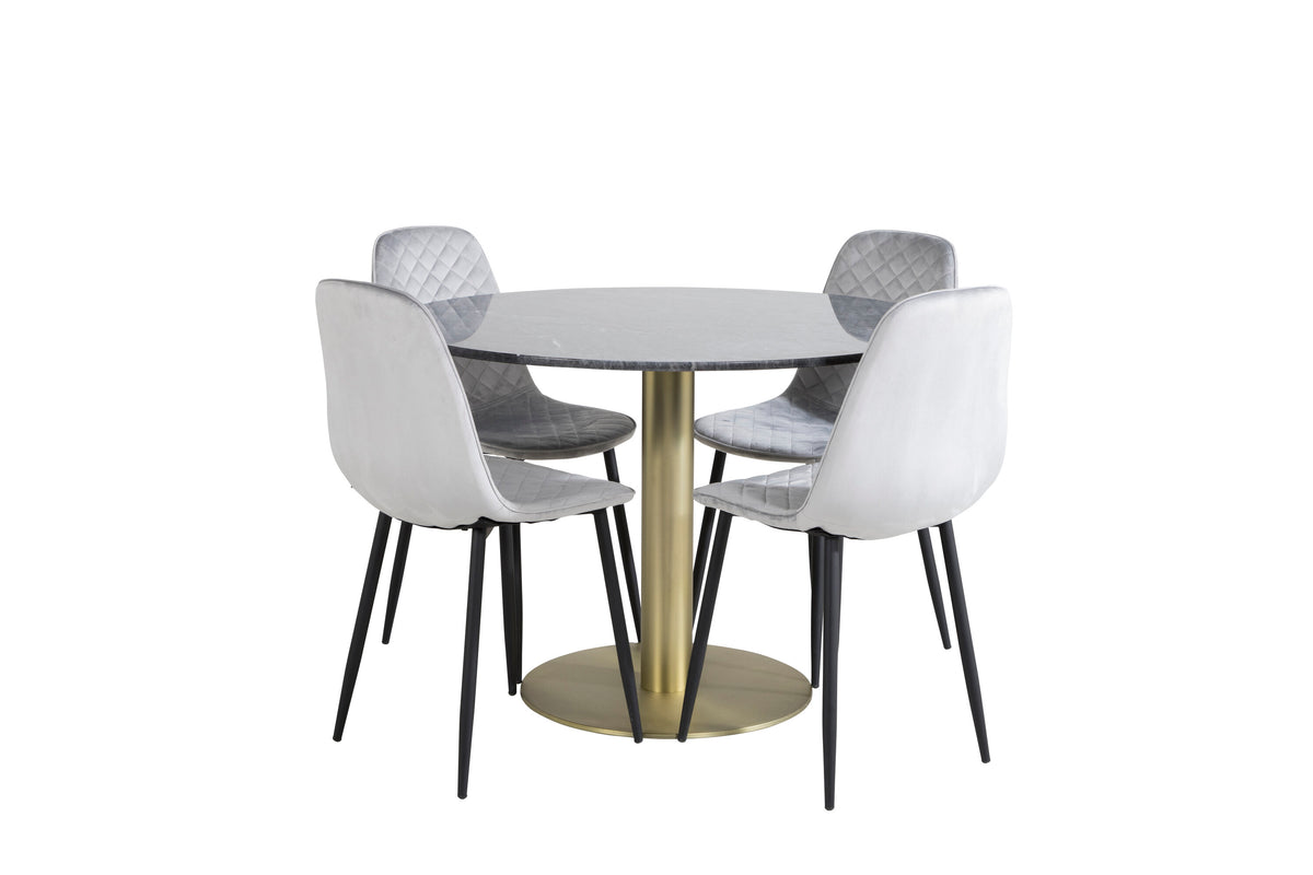 Estelle runt matbord svart Ø106 H75 med 4 Polar Diamond Dining Chair grå sammet