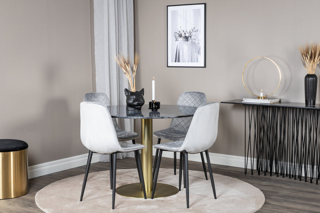 Estelle runt matbord svart Ø106 H75 med 4 Polar Diamond Dining Chair grå sammet