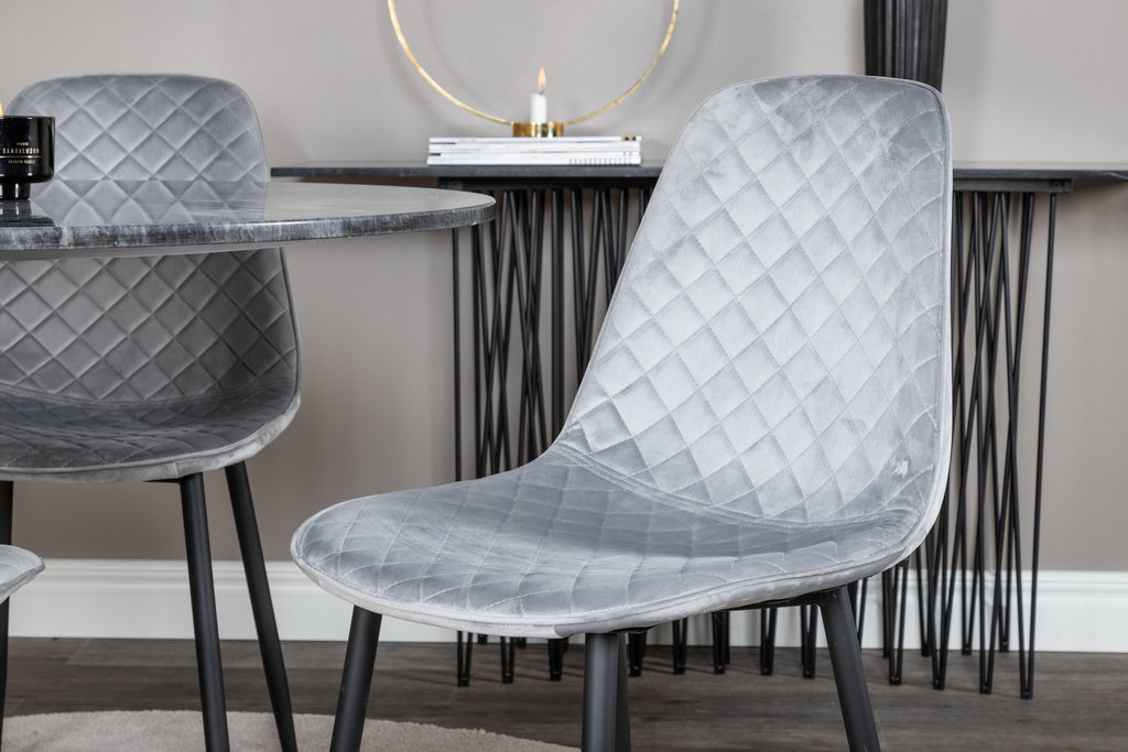 Estelle runt matbord svart Ø106 H75 med 4 Polar Diamond Dining Chair grå sammet