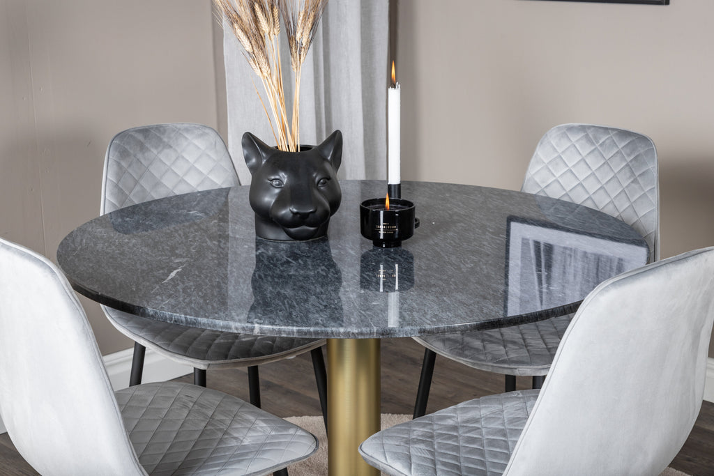 Estelle runt matbord svart Ø106 H75 med 4 Polar Diamond Dining Chair grå sammet
