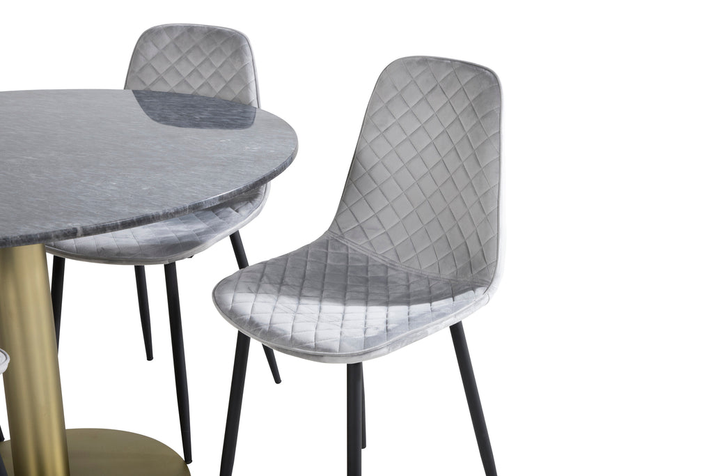 Estelle runt matbord svart Ø106 H75 med 4 Polar Diamond Dining Chair grå sammet