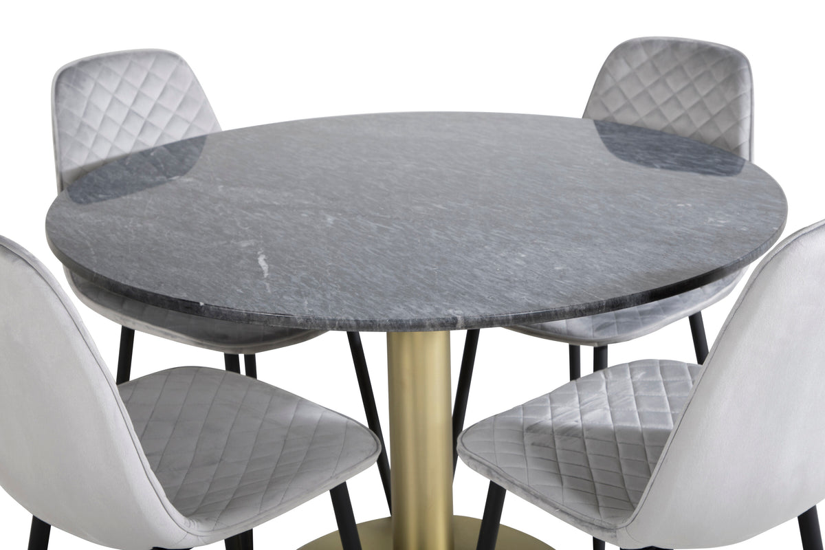 Estelle runt matbord svart Ø106 H75 med 4 Polar Diamond Dining Chair grå sammet