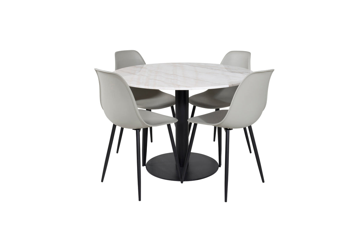Estelle runt matbord vit Ø106 H75 med 4 Polar Plastic Dining Chair grå plast