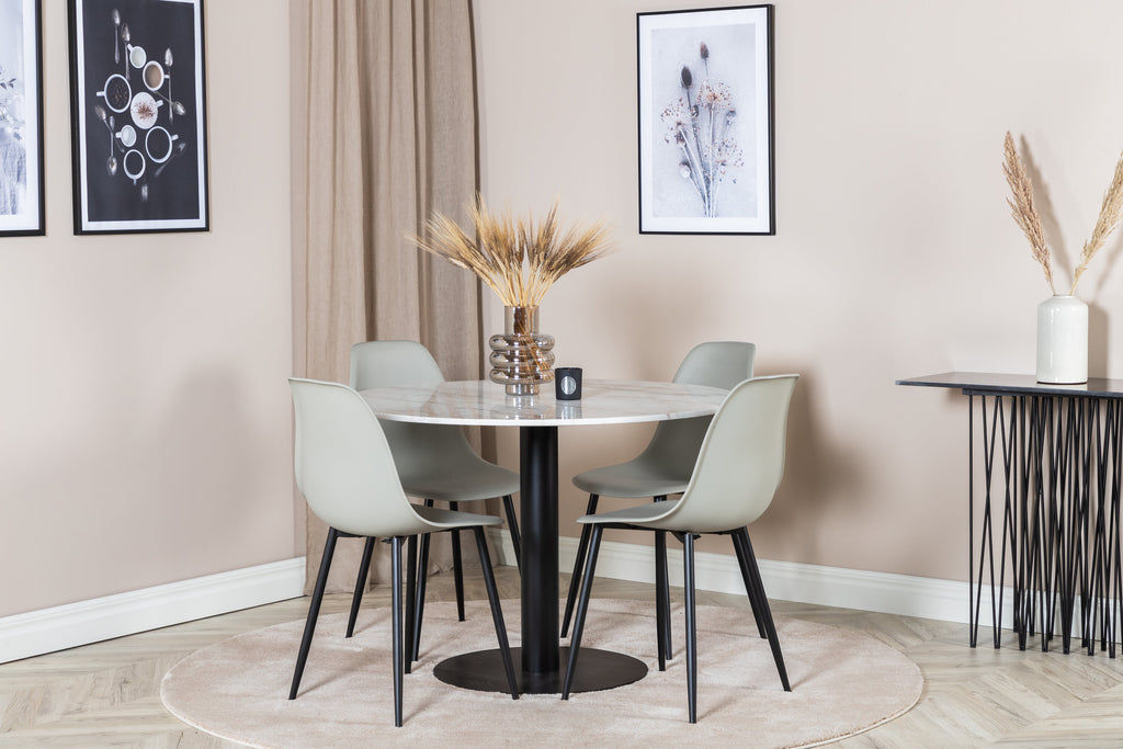 Estelle runt matbord vit Ø106 H75 med 4 Polar Plastic Dining Chair grå plast