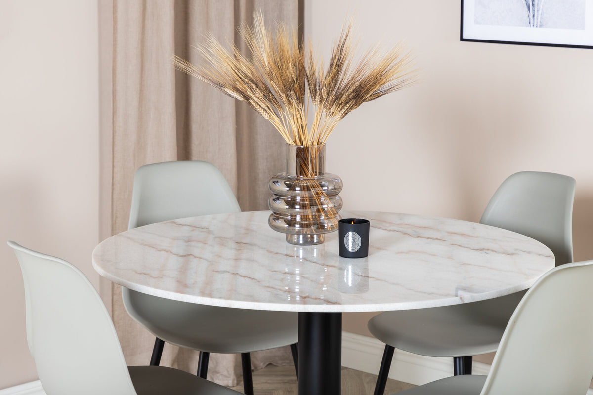 Estelle runt matbord vit Ø106 H75 med 4 Polar Plastic Dining Chair grå plast