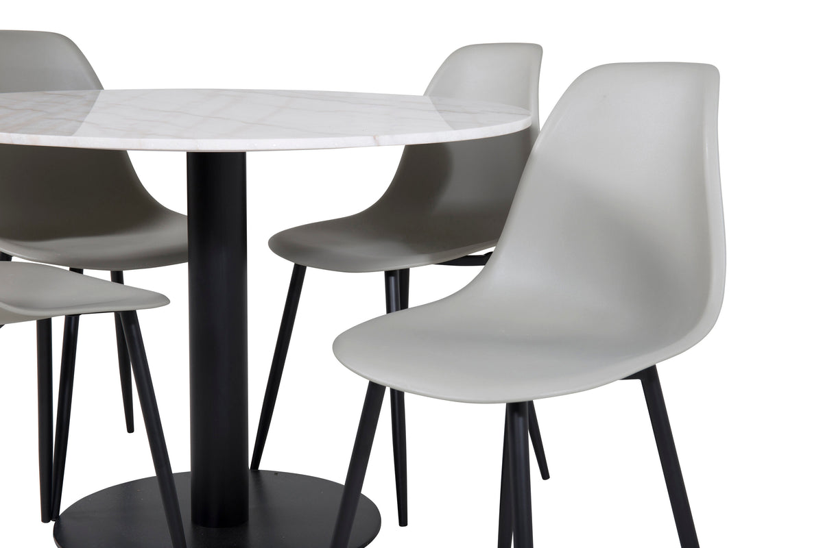 Estelle runt matbord vit Ø106 H75 med 4 Polar Plastic Dining Chair grå plast