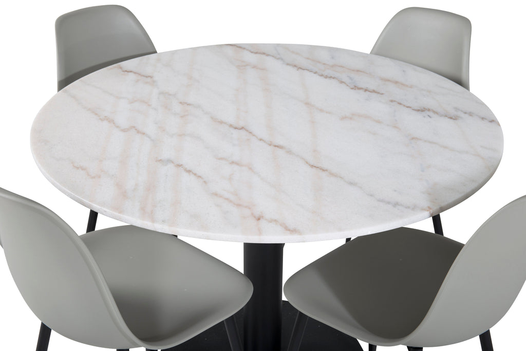 Estelle runt matbord vit Ø106 H75 med 4 Polar Plastic Dining Chair grå plast