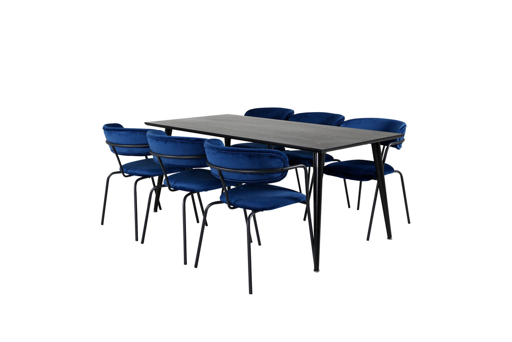 Dipp matgrupp med 6 Arrow-karmstolar 180x90 cm svart faner och blå sammet