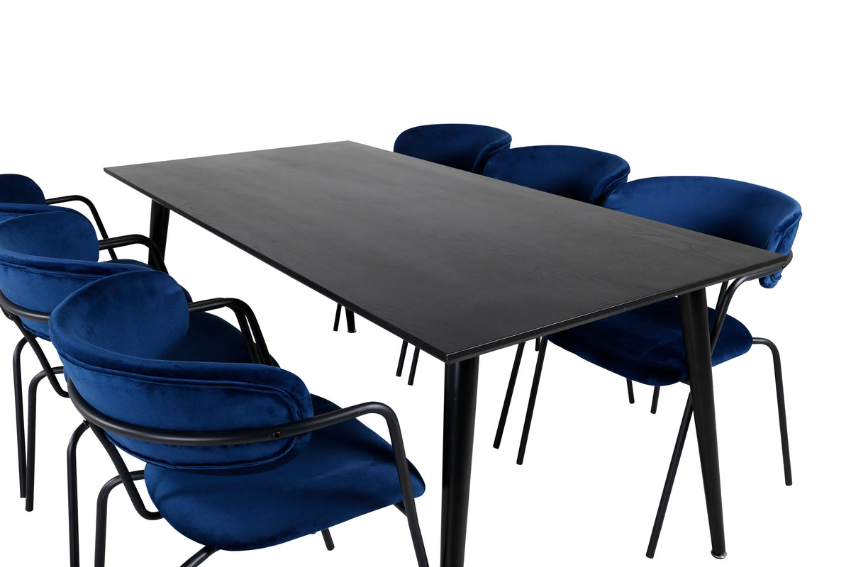 Dipp matgrupp med 6 Arrow-karmstolar 180x90 cm svart faner och blå sammet