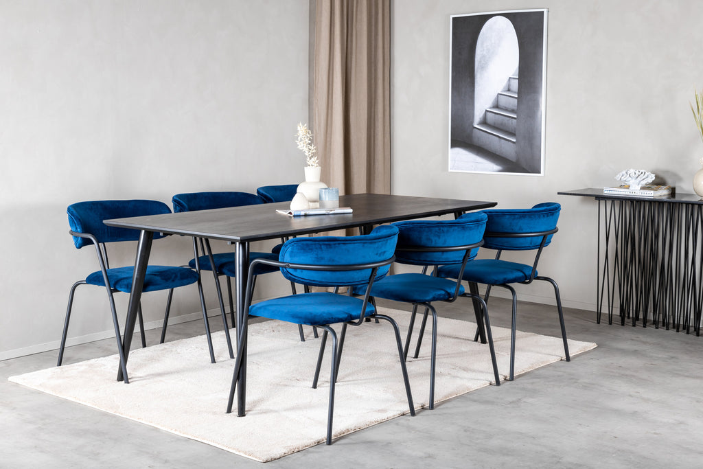 Dipp matgrupp med 6 Arrow-karmstolar 180x90 cm svart faner och blå sammet