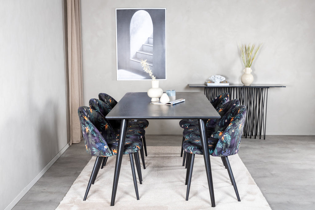 Dipp matgrupp med Velvet-stolar 180x90 cm svart faner