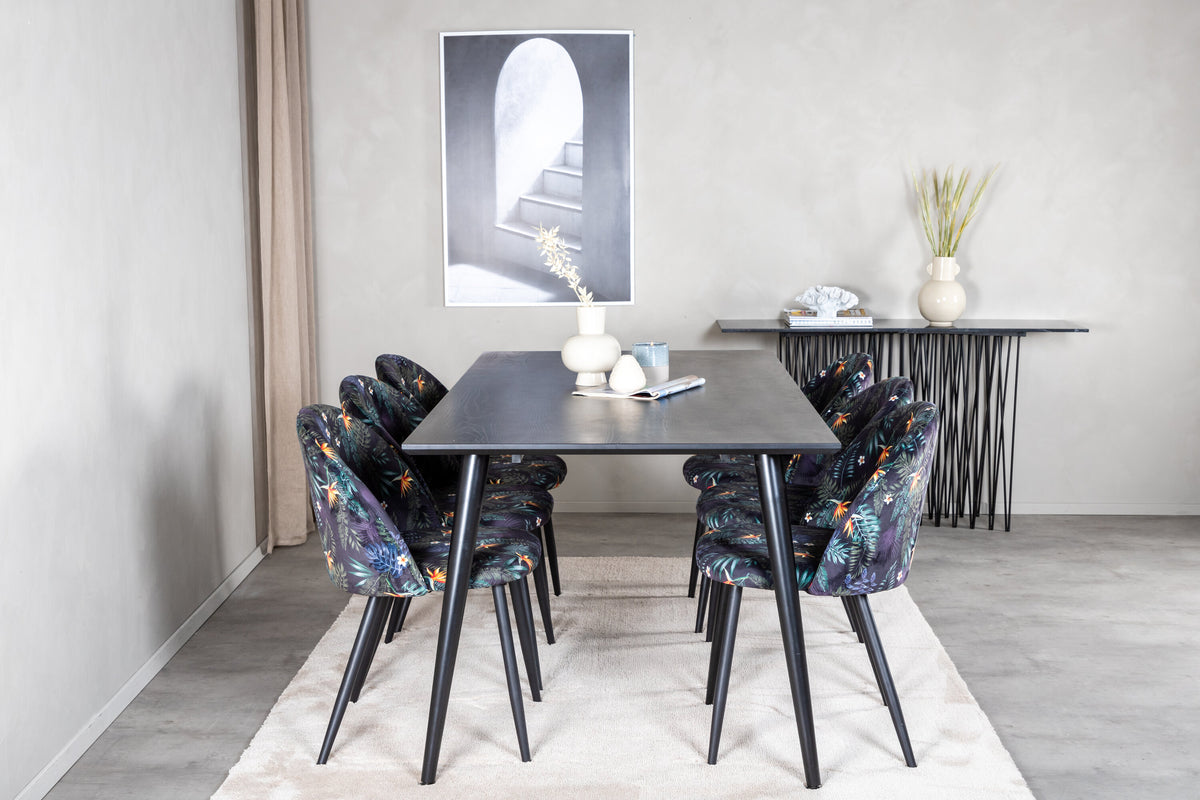 Dipp matgrupp med Velvet-stolar 180x90 cm svart faner