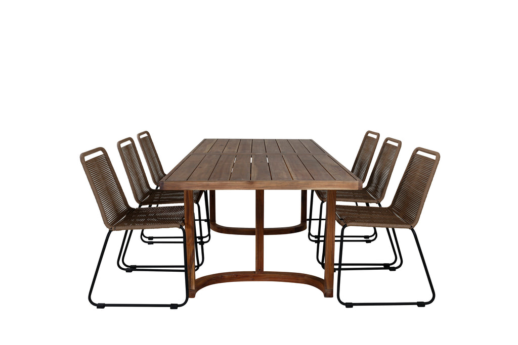 Erica matgrupp 214x100 cm borstad akacia/svart/lattebeige med 6 Lindos stapelbara stolar