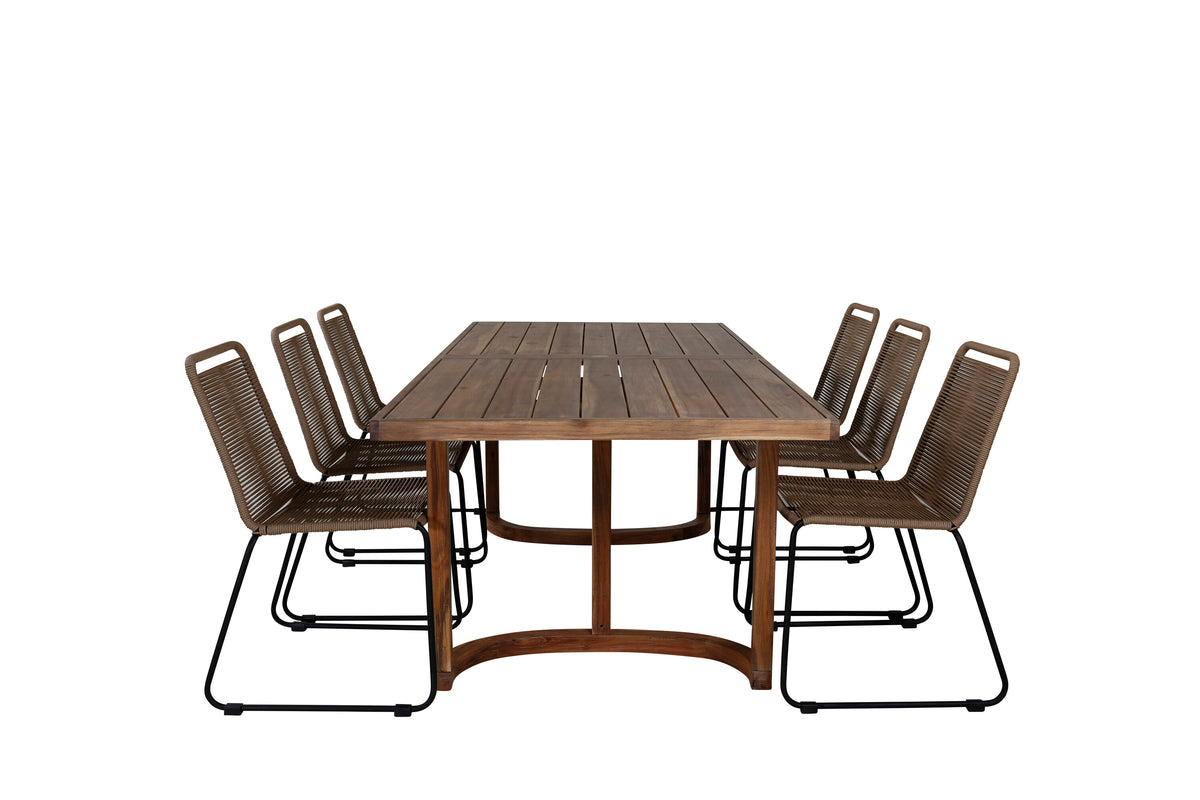 Erica matgrupp 214x100 cm borstad akacia/svart/lattebeige med 6 Lindos stapelbara stolar