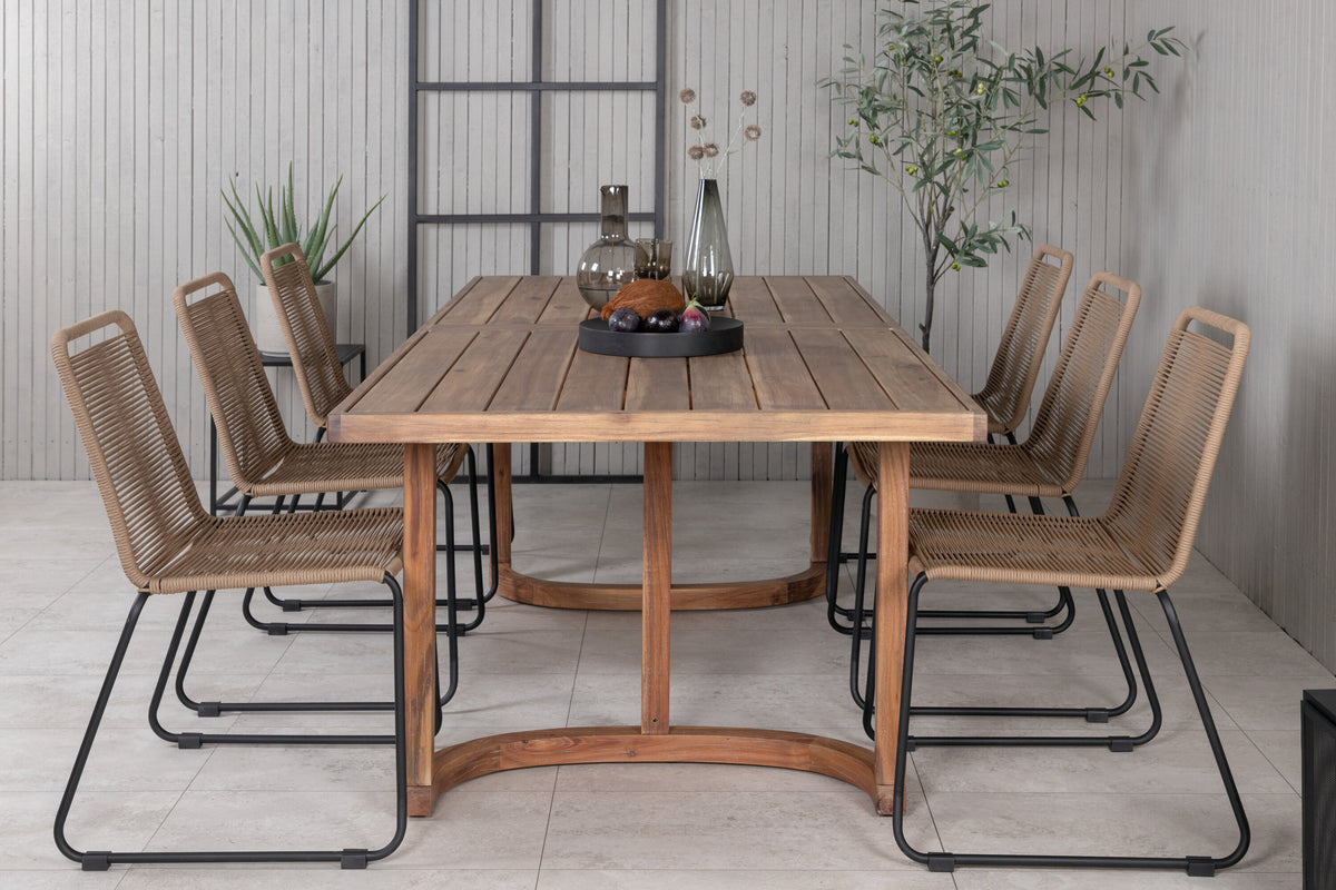 Erica matgrupp 214x100 cm borstad akacia/svart/lattebeige med 6 Lindos stapelbara stolar