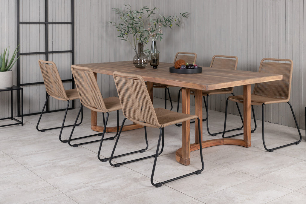 Erica matgrupp 214x100 cm borstad akacia/svart/lattebeige med 6 Lindos stapelbara stolar