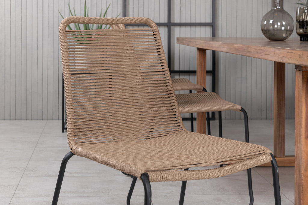 Erica matgrupp 214x100 cm borstad akacia/svart/lattebeige med 6 Lindos stapelbara stolar