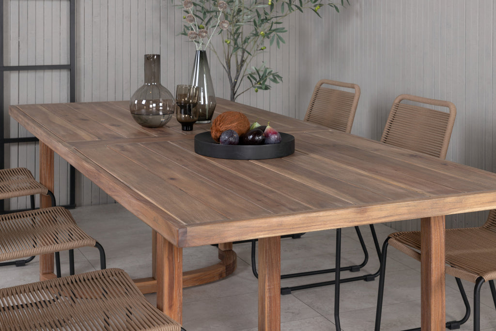 Erica matgrupp 214x100 cm borstad akacia/svart/lattebeige med 6 Lindos stapelbara stolar