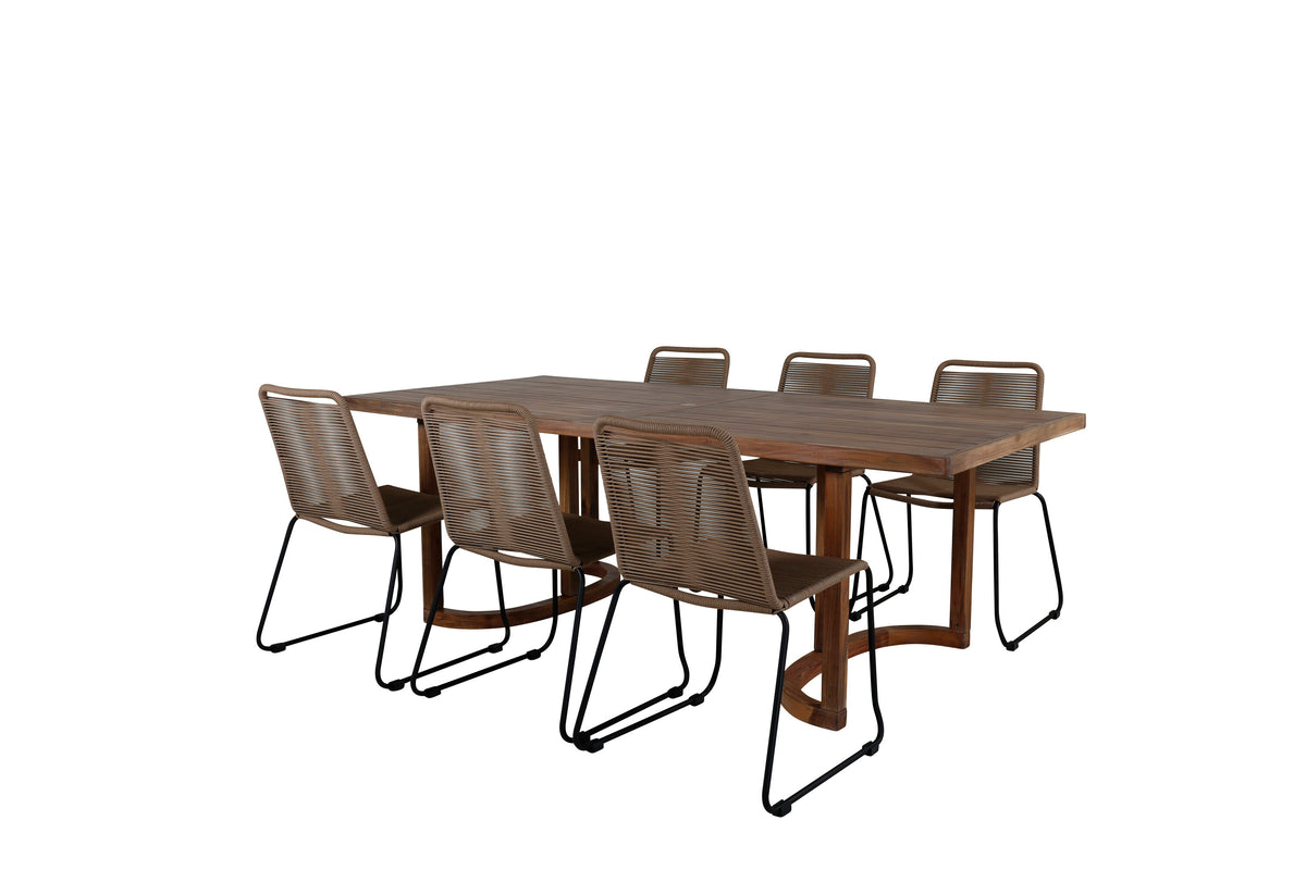 Erica matgrupp 214x100 cm borstad akacia/svart/lattebeige med 6 Lindos stapelbara stolar