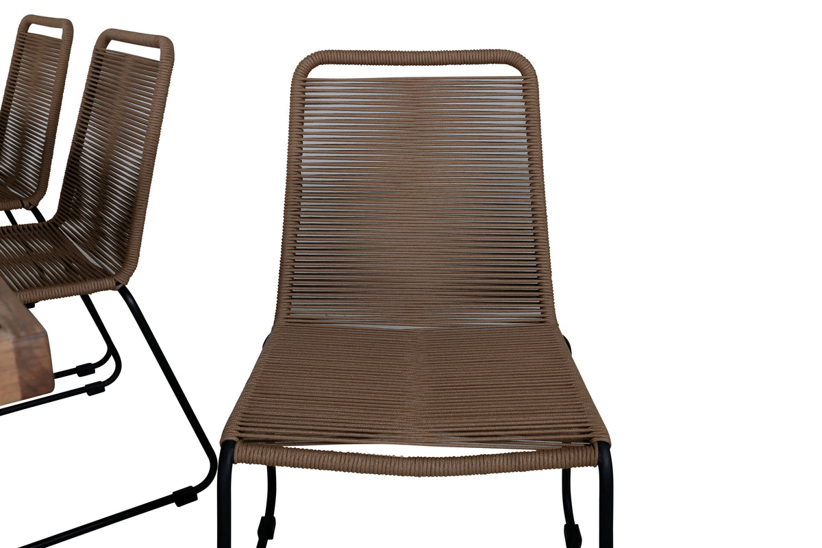 Erica matgrupp 214x100 cm borstad akacia/svart/lattebeige med 6 Lindos stapelbara stolar
