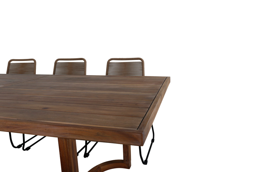 Erica matgrupp 214x100 cm borstad akacia/svart/lattebeige med 6 Lindos stapelbara stolar