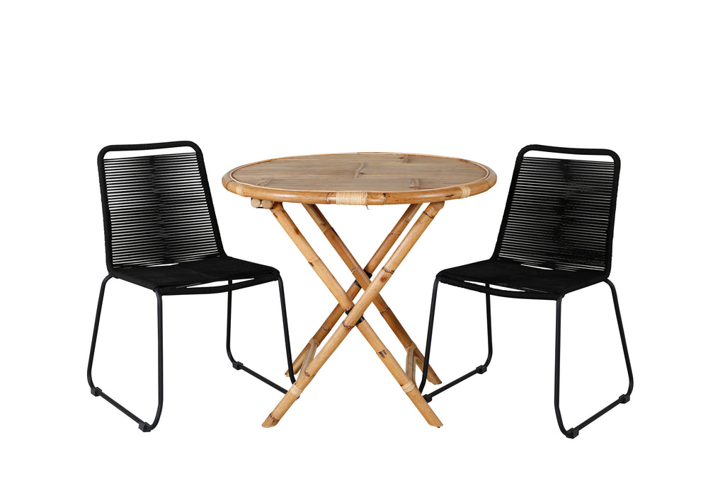 Cane cafébord Ø80cm bambu med Lindos stapelstol svart aluminium/svart rep 2-pack
