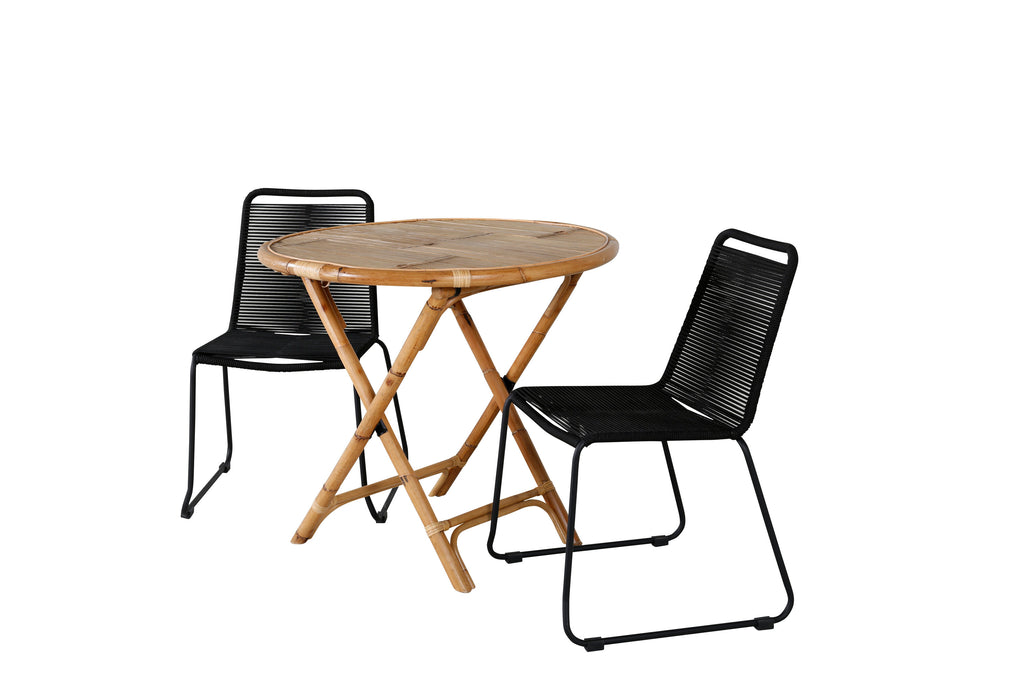 Cane cafébord Ø80cm bambu med Lindos stapelstol svart aluminium/svart rep 2-pack
