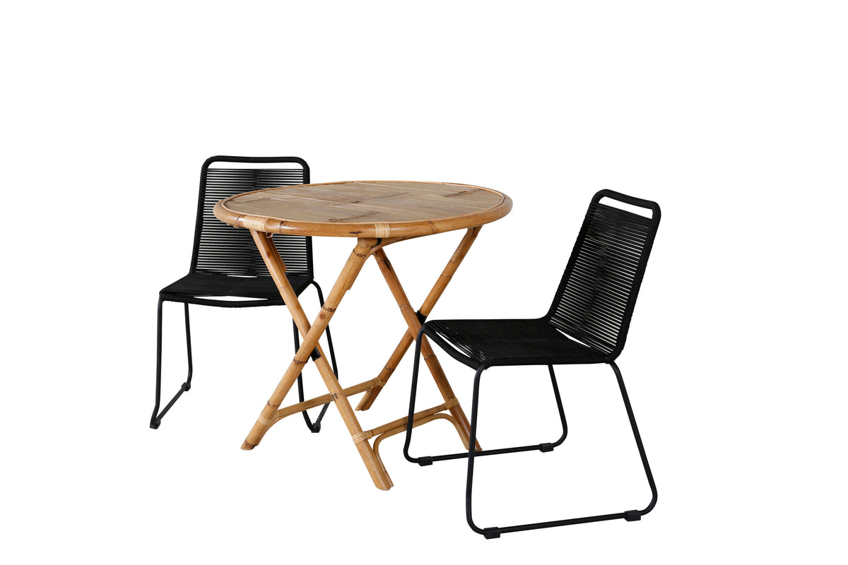 Cane cafébord Ø80cm bambu med Lindos stapelstol svart aluminium/svart rep 2-pack