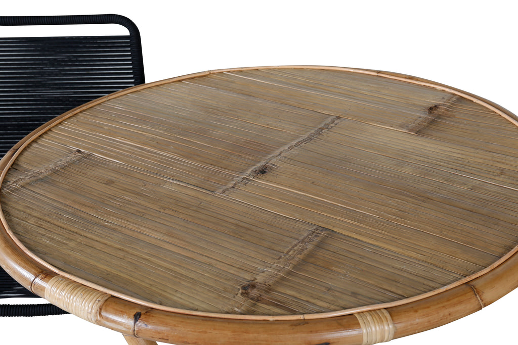 Cane cafébord Ø80cm bambu med Lindos stapelstol svart aluminium/svart rep 2-pack