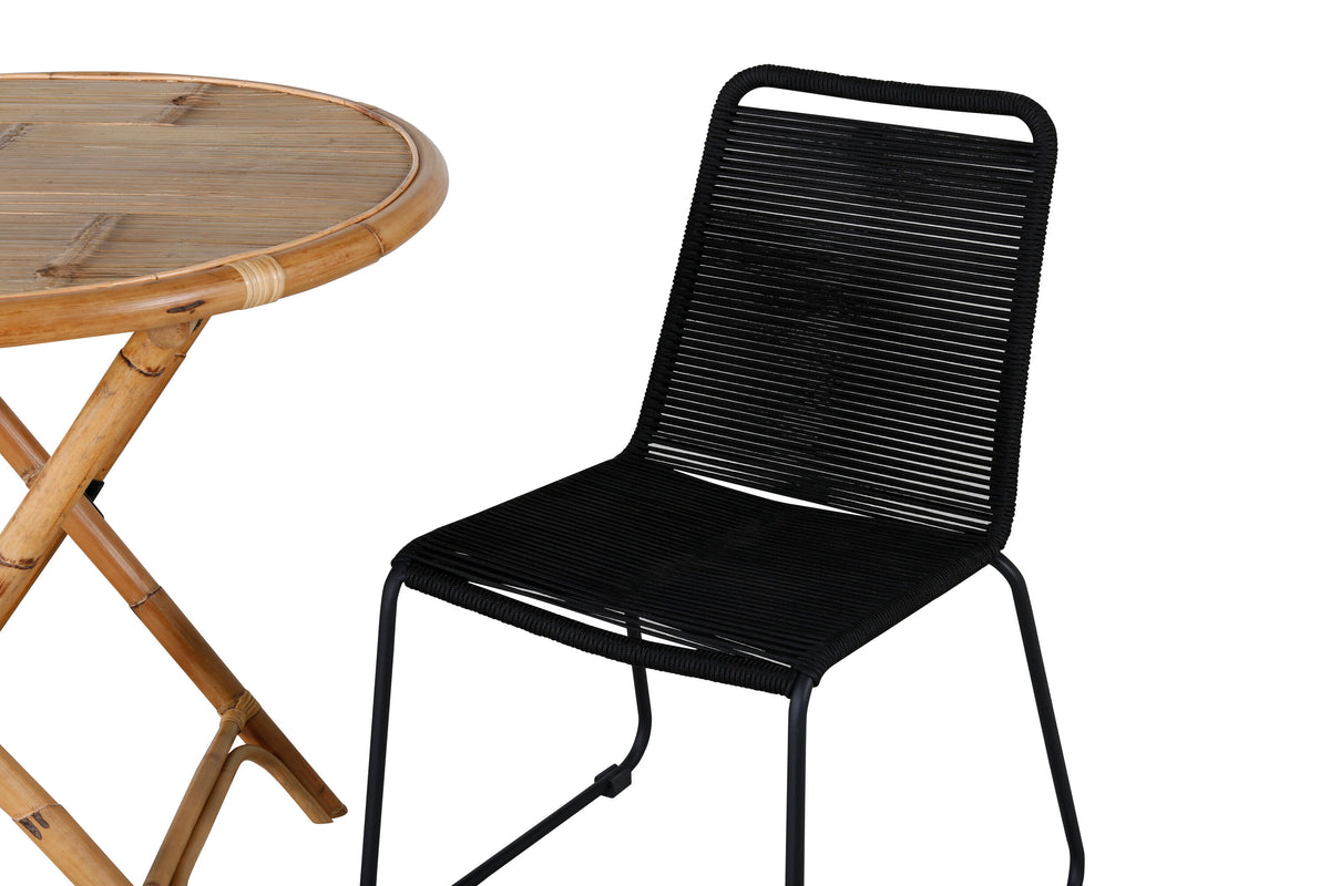 Cane cafébord Ø80cm bambu med Lindos stapelstol svart aluminium/svart rep 2-pack