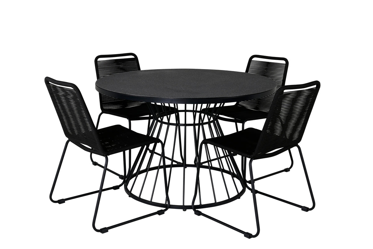 Tropea matbord svart stål/grått sprayglas med 4 Lindos stapelbara stolar svart aluminium/svart rep