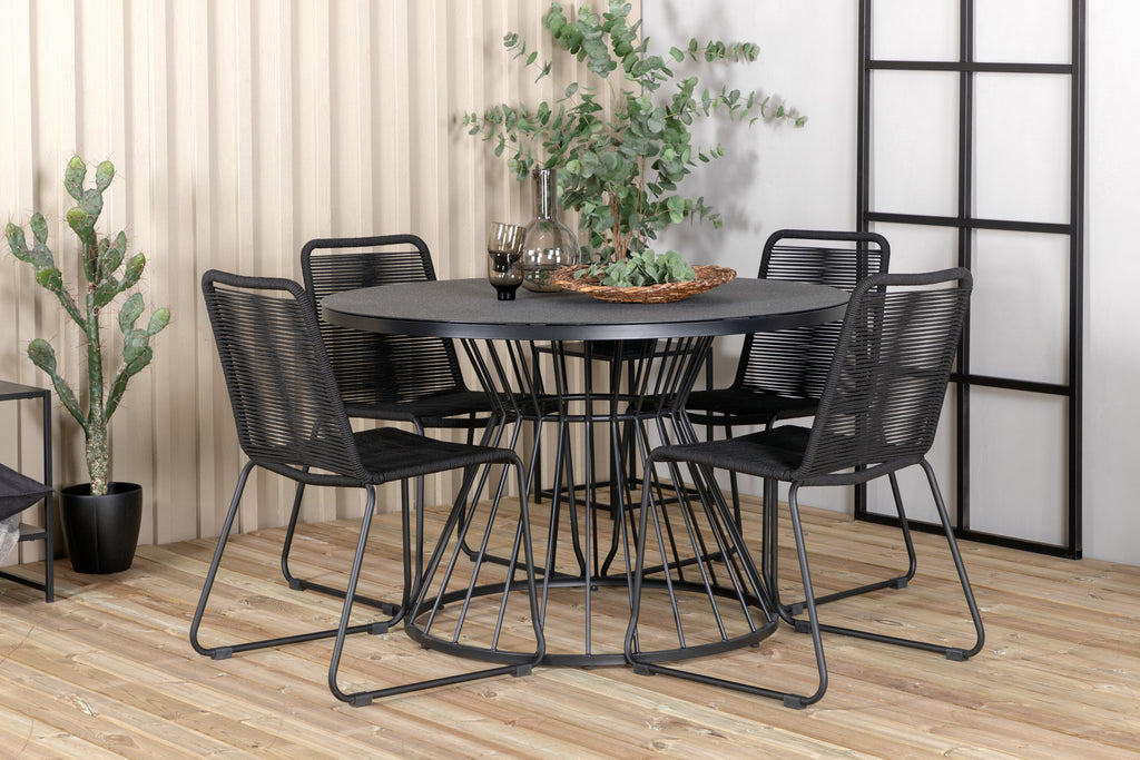 Tropea matbord svart stål/grått sprayglas med 4 Lindos stapelbara stolar svart aluminium/svart rep