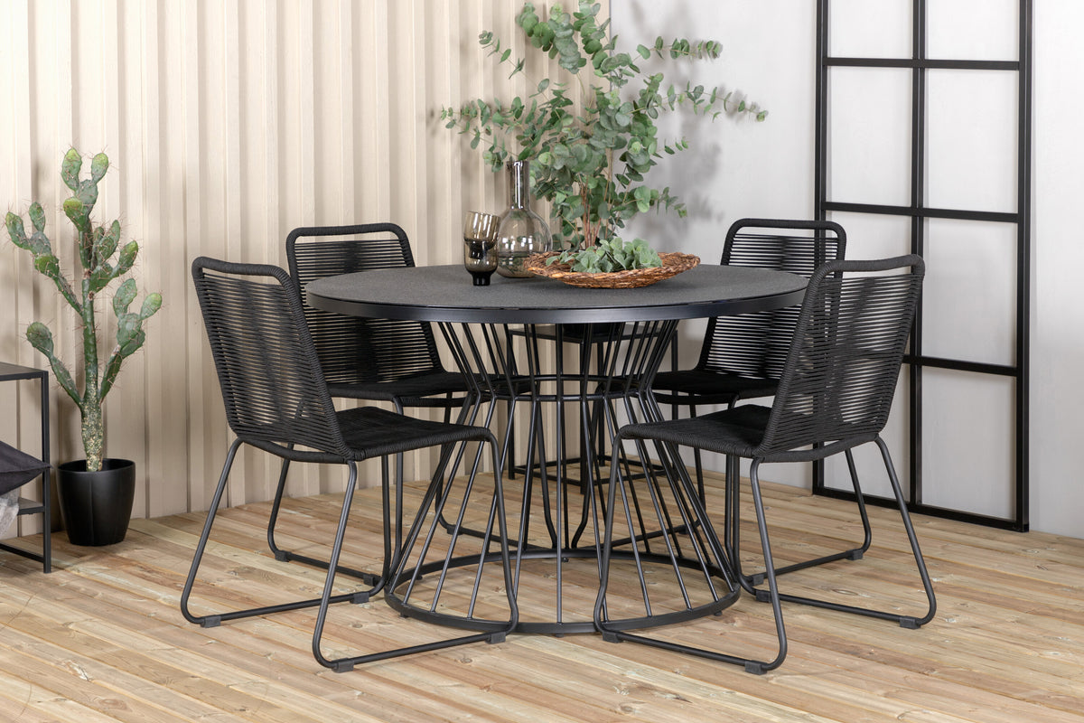 Tropea matbord svart stål/grått sprayglas med 4 Lindos stapelbara stolar svart aluminium/svart rep