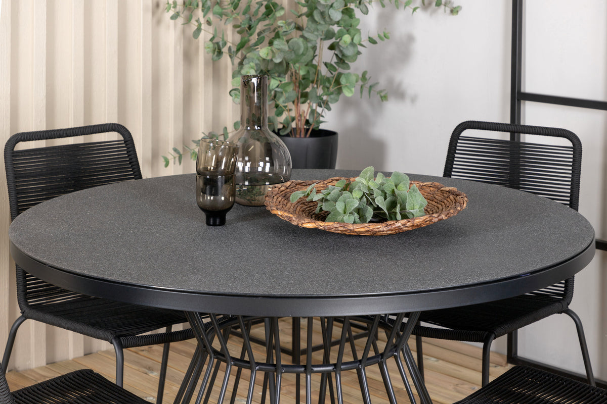 Tropea matbord svart stål/grått sprayglas med 4 Lindos stapelbara stolar svart aluminium/svart rep