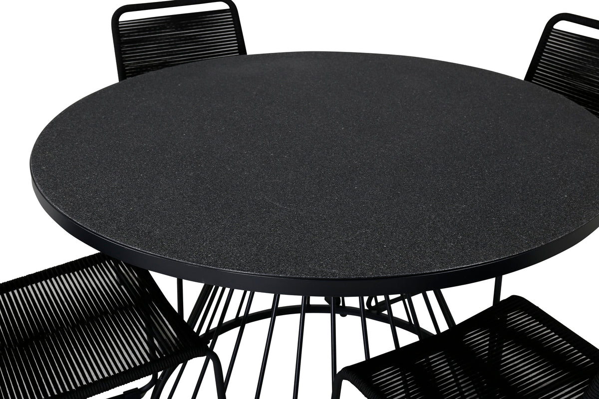 Tropea matbord svart stål/grått sprayglas med 4 Lindos stapelbara stolar svart aluminium/svart rep