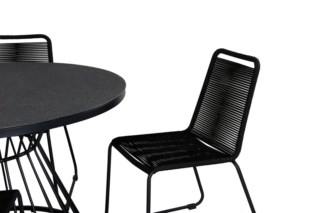 Tropea matbord svart stål/grått sprayglas med 4 Lindos stapelbara stolar svart aluminium/svart rep