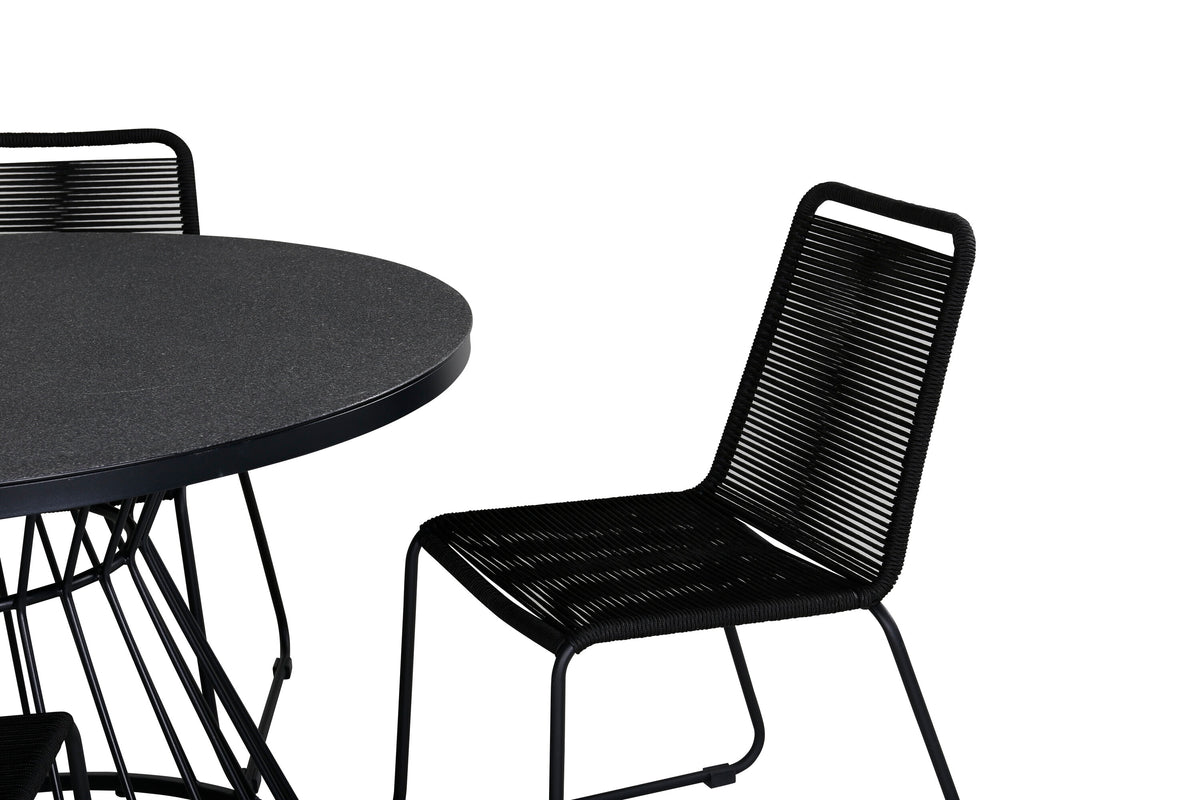 Tropea matbord svart stål/grått sprayglas med 4 Lindos stapelbara stolar svart aluminium/svart rep