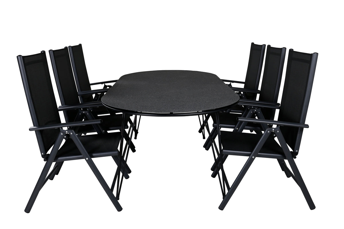 Viga matgrupp med 6 Break positionsstolar 200x100 cm svart/grå