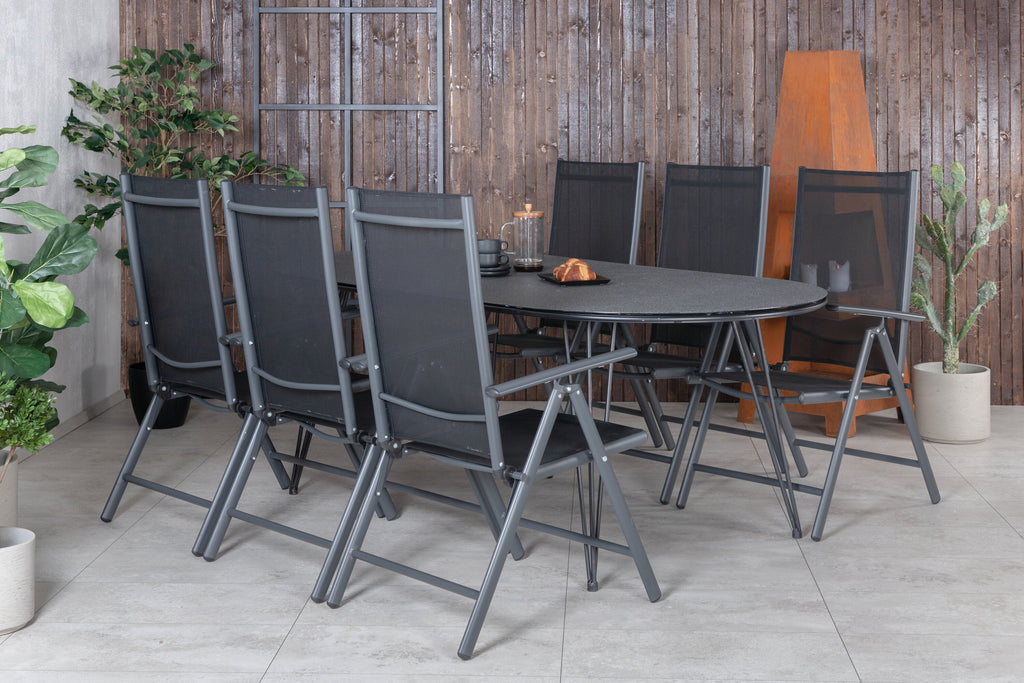 Viga matgrupp med 6 Break positionsstolar 200x100 cm svart/grå
