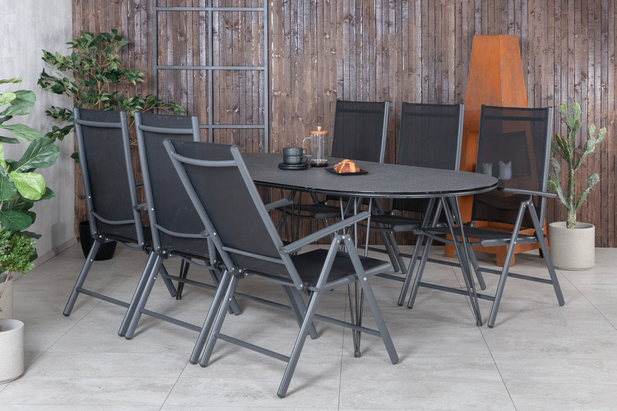Viga matgrupp med 6 Break positionsstolar 200x100 cm svart/grå