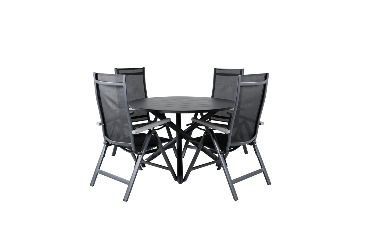 Alma matbord svart aluminium Ø120cm med 4 Albany Light 5-positionsstolar svart/svart textilene och grå teak