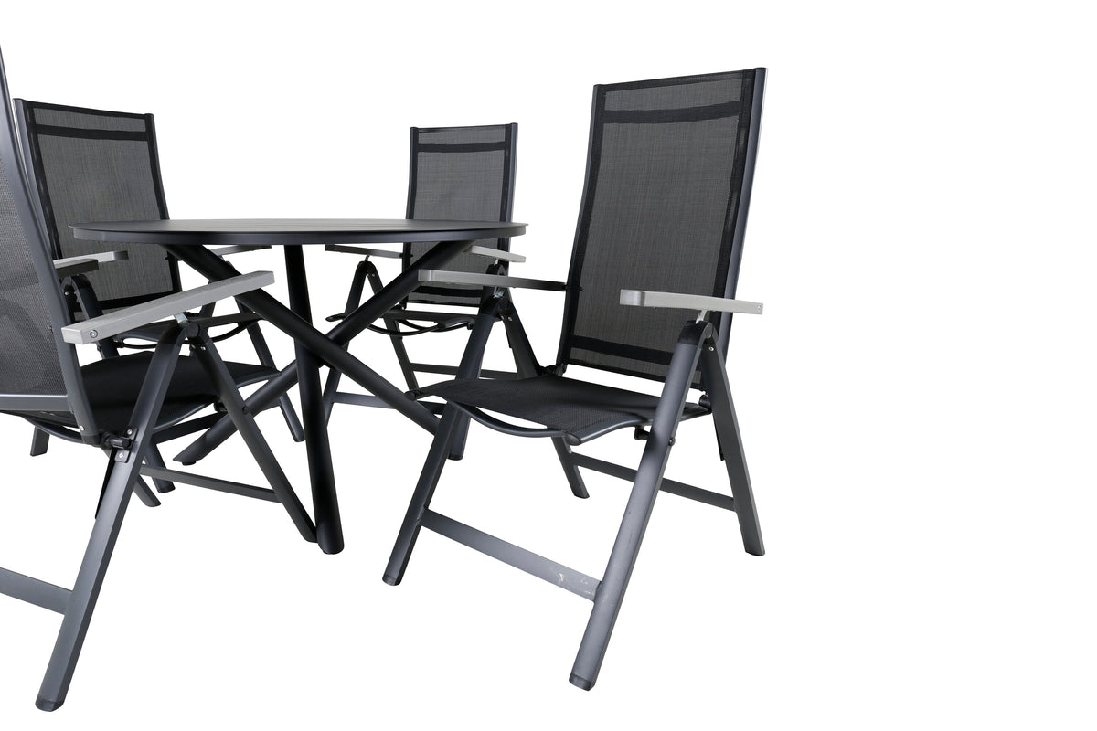 Alma matbord svart aluminium Ø120cm med 4 Albany Light 5-positionsstolar svart/svart textilene och grå teak