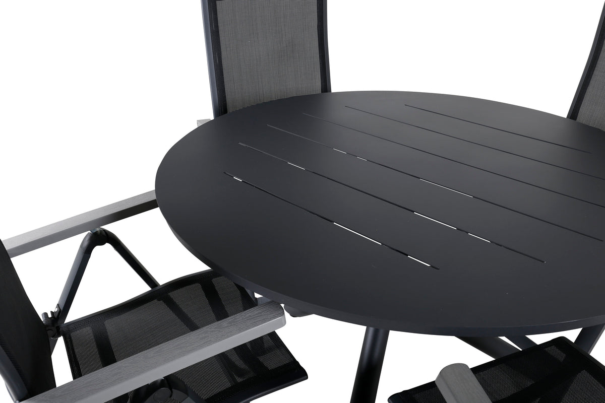 Alma matbord svart aluminium Ø120cm med 4 Albany Light 5-positionsstolar svart/svart textilene och grå teak