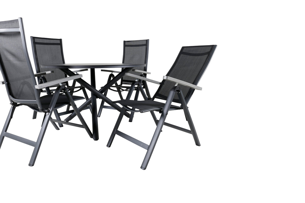 Alma matbord svart aluminium Ø120cm med 4 Albany Light 5-positionsstolar svart/svart textilene och grå teak